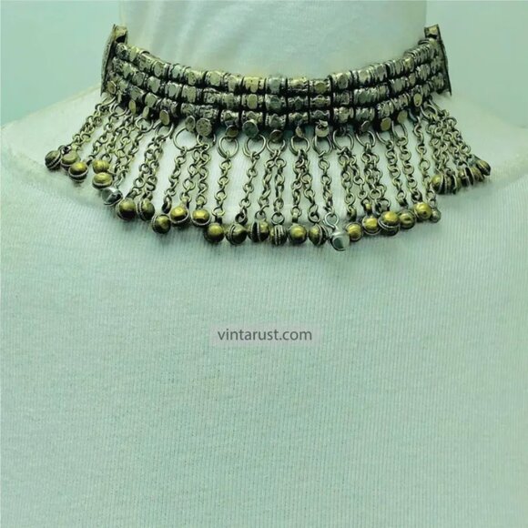 Stylish Statement Necklace with Silver Metal Beads, Vintage Kuchi Dangling Bells